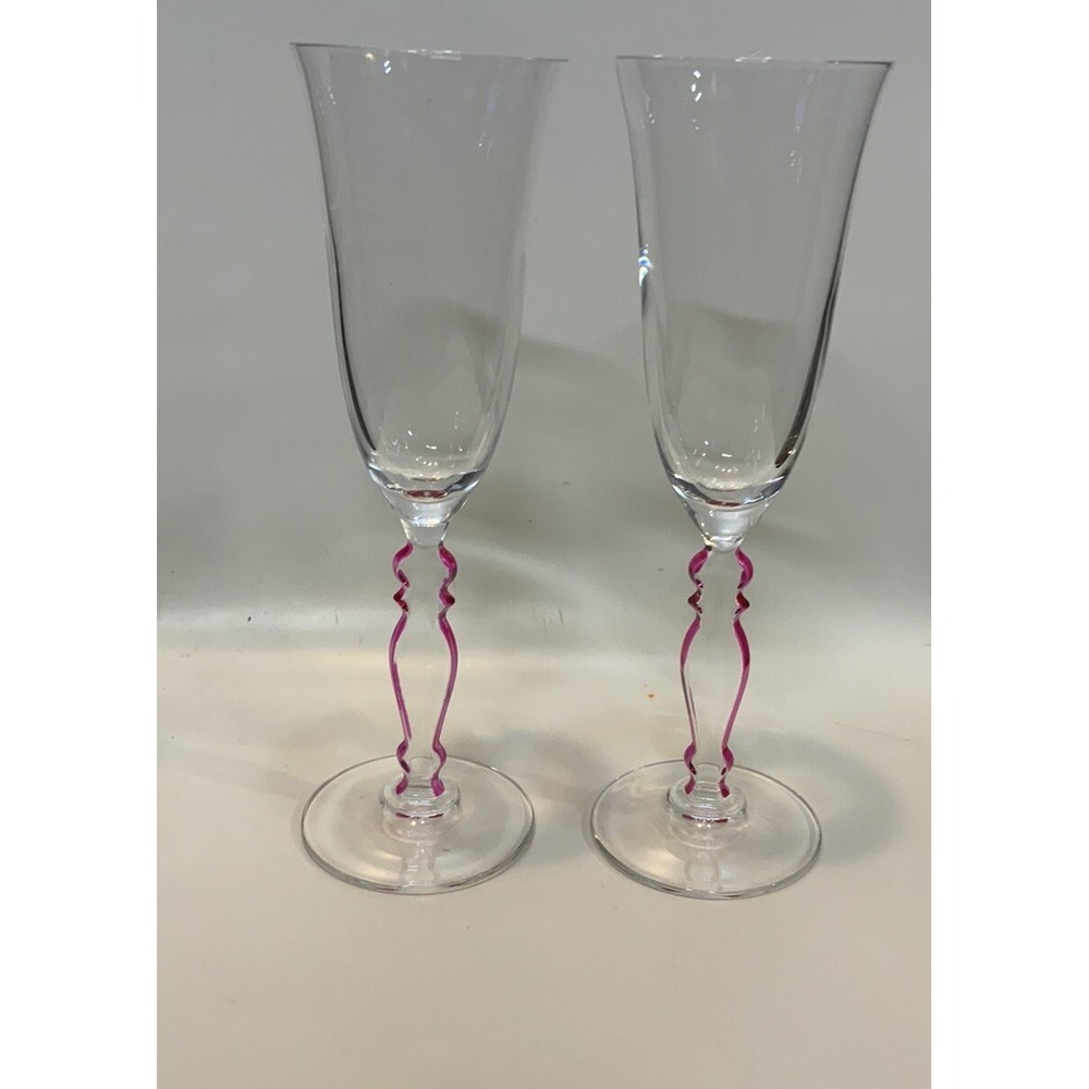 Pair Of Cristal D'Arques Champagne Flutes Stems Outlined In Hot Pink
